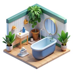 Isometric miniature bathroom scene with bathtub and plants isolated on white background