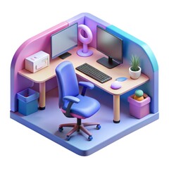 Isometric 3d render of a modern home office desk with computer and chair isolated on white background