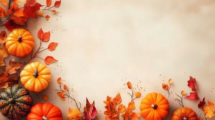 Magical beige background with autumn leaves and pumpkins.Thanksgiving theme. Empty space. Sunbeams,nostalgic warmth,and tranquil colours reflect signs of seasons,diversity,and calm away from issues