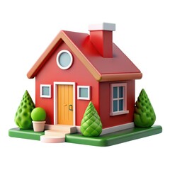 Charming cartoon red house with green trees isolated on white background