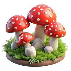 Amanita muscaria mushrooms growing in green grass isolated on white background