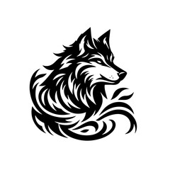 Illustration of a wolf head isolated on white background, tribal tattoo style