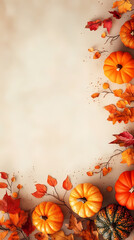 Magical beige background with autumn leaves and pumpkins.Thanksgiving theme. Empty space. Sunbeams,nostalgic warmth,and tranquil colours reflect signs of seasons,diversity,and calm away from issues