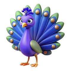 Cute cartoon purple peacock with fanned out blue and green feathers isolated on white background