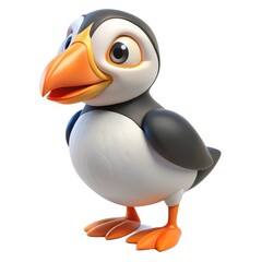 Cute cartoon puffin bird with bright orange beak isolated on white background