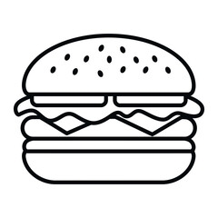 Burger Line Art A detailed line drawing of a classic burger, showcasing the layered elements of bun, patty, and toppings, perfect for illustrating fast food imagery.