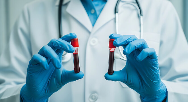 Medical professional holding blood samples in test tubes for diagnostic analysis and testing