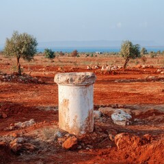 Naklejka premium Ancient white pillar on reddish-brown earth