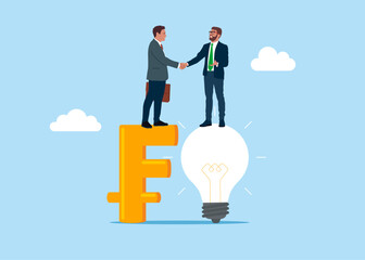 Shaking hands businessmen with light bulb and Symbol of the Swiss Franc. Idea pitching, fundraising and venture capital, selling business or merger agreement. 