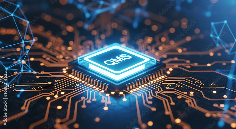 Aufkleber quality management system visualization on a computer chip illustrating digital technology