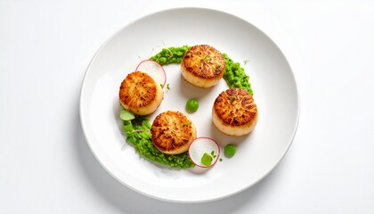 Four Pan-Seared Scallops with Green Pea Puree and Radish Garnish on a White Plate