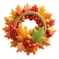 Autumn wreath with colorful leaves and berries isolated on white background