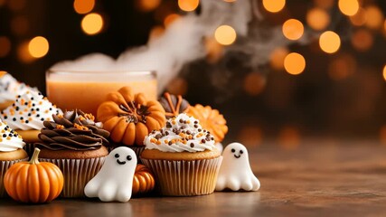 Festive Halloween cupcakes with cute ghosts and pumpkins, a spooky and sweet autumn celebration. - Powered by Adobe