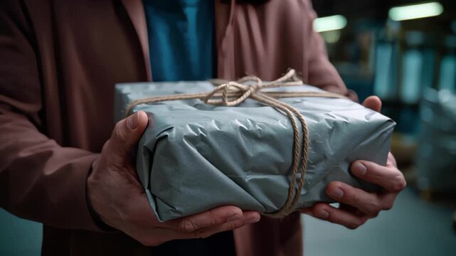 A person holding a wrapped package tied with twine, set in an indoor environment.