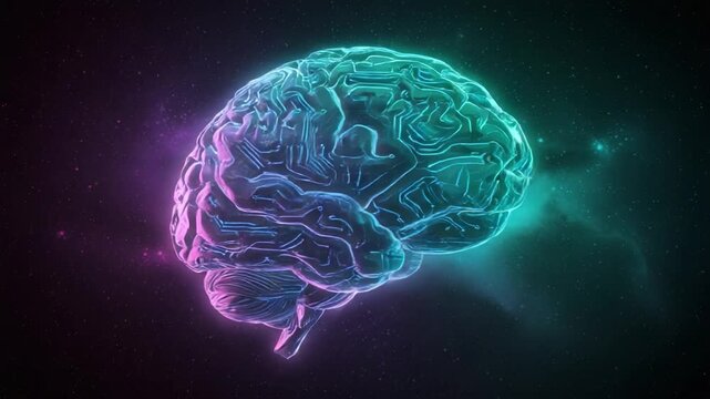 A Futuristic Representation of a Brain Illuminated with Neon Colors, Showcasing Intricate Circuit Patterns in a Cosmic Background