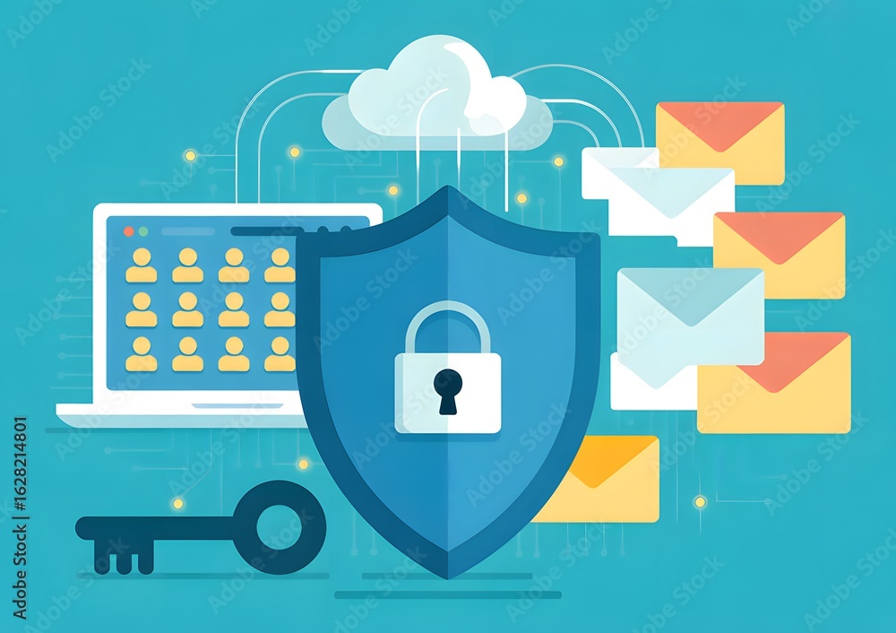Poster digital shield: a visual representation of digital security, featuring a protective shield, symboliz