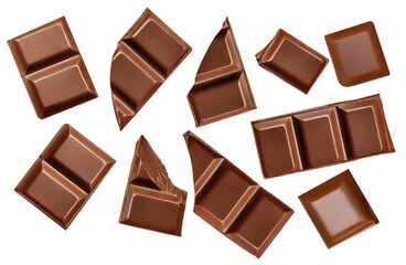 Collection of  Chocolate pieces isolated on white.  Broken chocolate bar pieces Top view. Flat lay