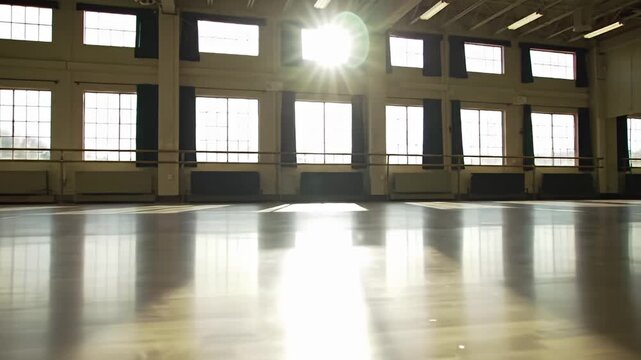 Sunny dance studio with a barre and reflective wooden floor