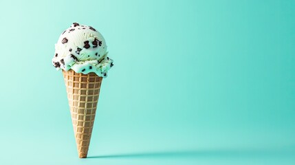 Colorful mint chocolate chip ice cream in a crunchy cone standing upright against a soft turquoise background, perfect for summer-themed visuals
