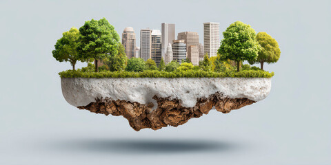 Floating island featuring a miniature cityscape surrounded by lush green trees, symbolizing a blend of urban development and nature.