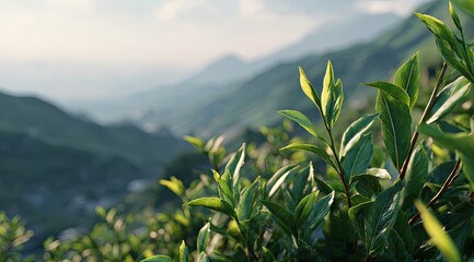 Lush tea leaves on a hillside plantation, mountain backdrop