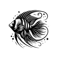 Elegant black and white angelfish illustration with flowing fins.