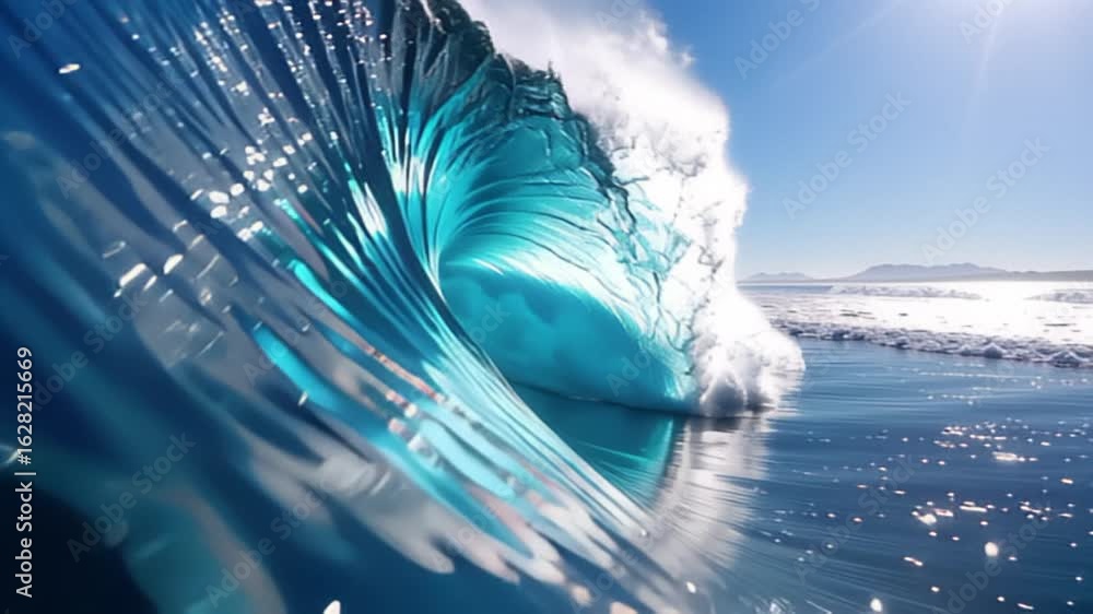 Poster a vibrant ocean wave curls dramatically, capturing light and creating a stunning blue reflection on 