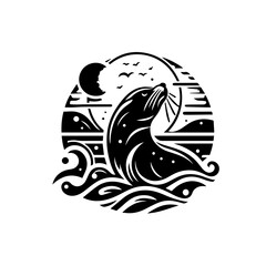 Elegant Seal Silhouette in a Circular Ocean Scene with Moon.