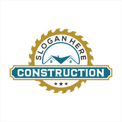 Carpentry logo vintage silhouette emblem, circular saw blade, renovating housing, building housing, wood cutting, circular wood texture