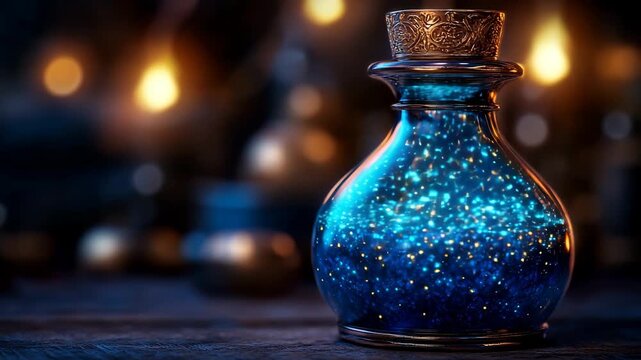A glowing blue magic potion in an ornate bottle, a mysterious elixir for fantasy and adventure.
