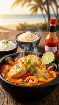 Traditional brazilian moqueca seafood stew with fish and shrimp served at a beach restaurant