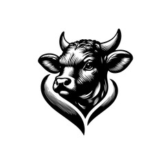 Monochrome cow head logo in a classic engraving style.