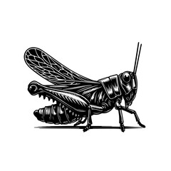 Monochrome grasshopper illustration in a detailed engraving style.