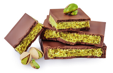Dubai Chocolate with pistachio isolated on white background. Trendy chocolate with nuts paste and...
