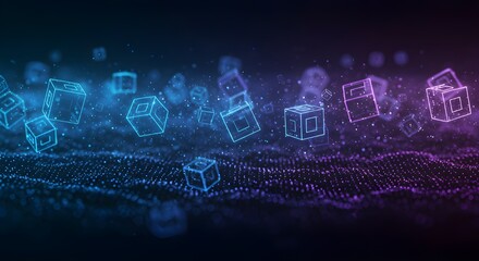 Abstract 3D illustration of a blockchain system with glowing cubes in a data network environment, representing decentralized technology and cryptocurrency.