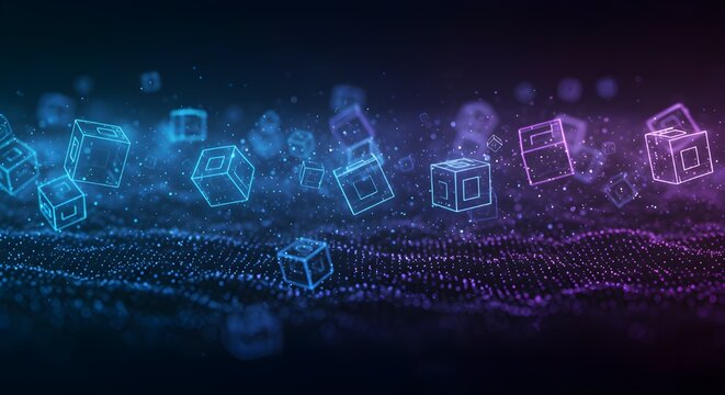Abstract 3D illustration of a blockchain system with glowing cubes in a data network environment, representing decentralized technology and cryptocurrency.