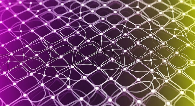 Abstract Network Grid:  Vibrant Purple and Yellow Gradient, Connected Nodes, Digital Technology Background