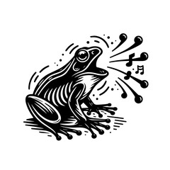 Stylized black and white illustration of a singing frog.