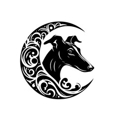 Stylized Greyhound Portrait in Ornate Crescent Moon.