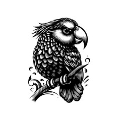 Stylized parrot illustration in a classic woodcut engraving style.