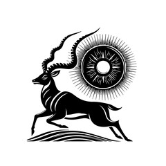 Stylized Kudu Antelope Running with Sun Symbol.
