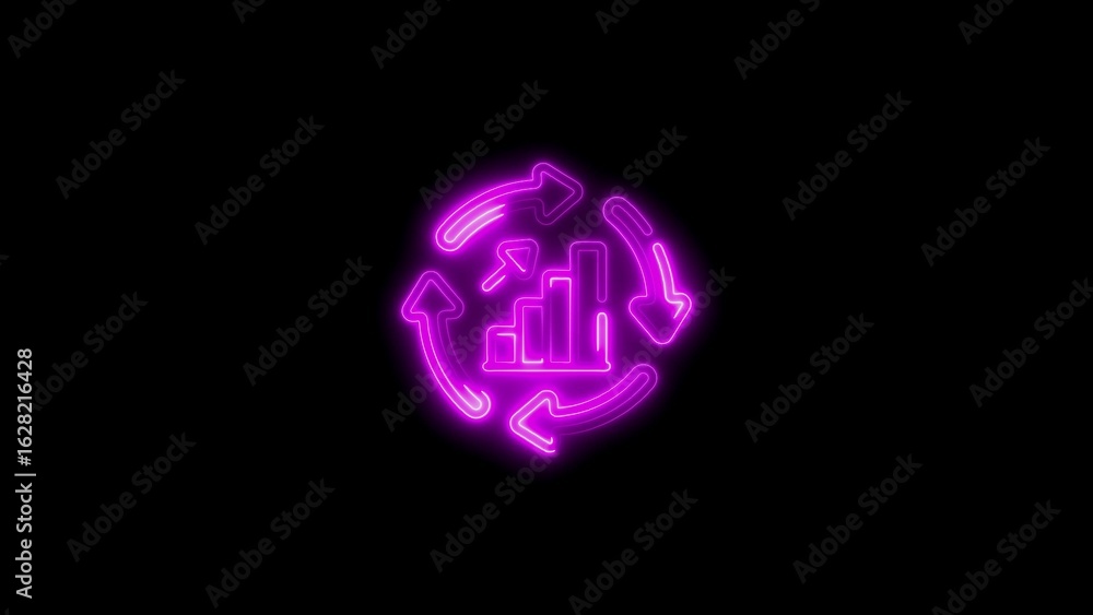 Aufkleber neon style business analytics icon featuring a bar chart and circulating arrows on black background