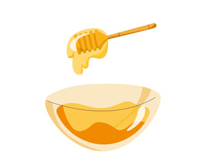 Liquid honey dripping from wooden dipper with glass bowl. Golden honey drop sticky syrup wood spoon. Natural healthy product package design. Cartoon vector illustration isolated on white background