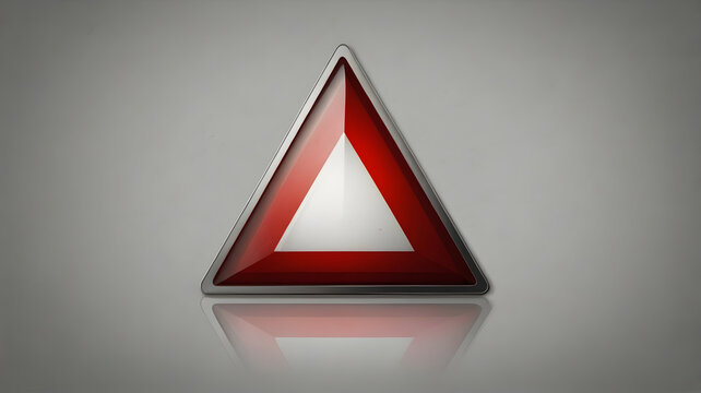 A glossy red triangular warning sign with a metallic border, representing a hazard or alert, shown with a reflection on a grey background.
