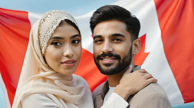 Animated Muslim Couple Sharing a Smile with Canadian Flag Waving in Background &ndash; Cultural Diversity, Romance, and Identity
