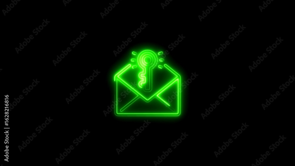 Poster green neon email icon with key symbolizing secure access and information encryption