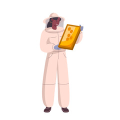Beekeeper or apiarist female cartoon character holding a frame with honeycombs flat vector illustration isolated on white background. Beekeeping concept. Beekeeper in a protective suit gather honey.