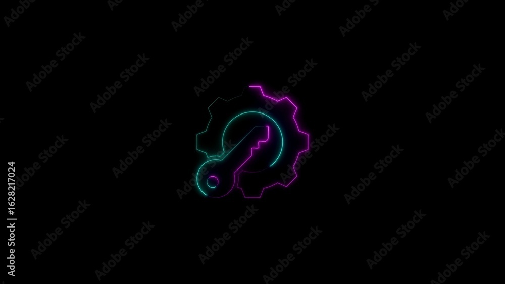 Aufkleber glowing neon style key within a gear representing settings or configuration on black