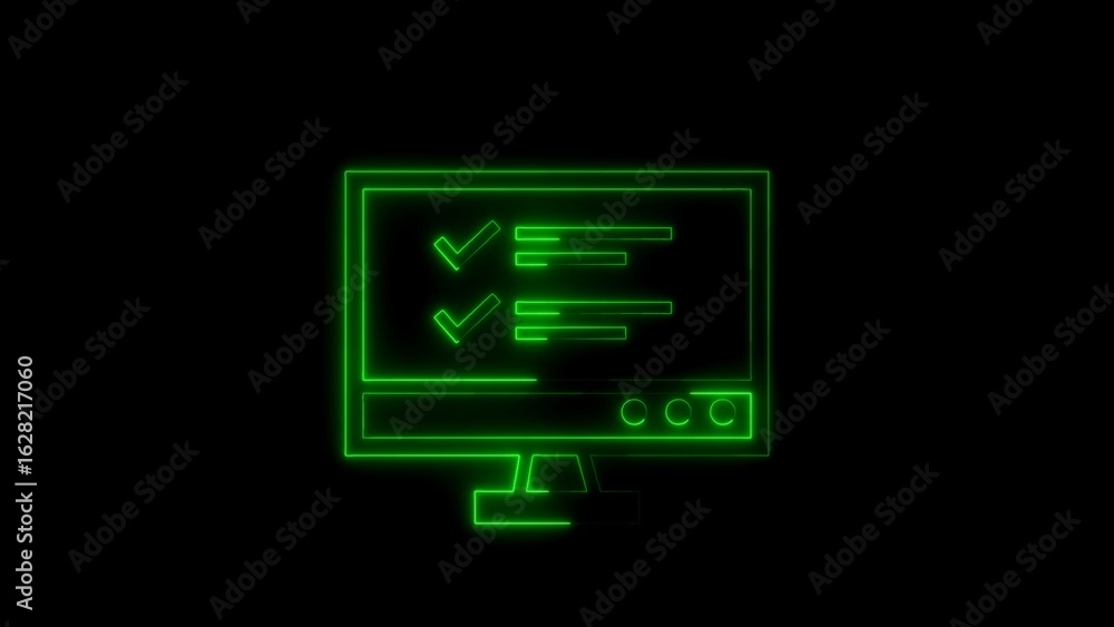 Poster green neon checklist icon on computer screen represents task completion and success
