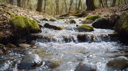 Slow-motion stream of water rushing over small rocks in a woodland area, highlighting freshness and outdoor calm